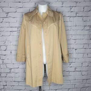 VTG 70s Montgomery Ward Tan Trench Coat w/ White Piping, sz Large